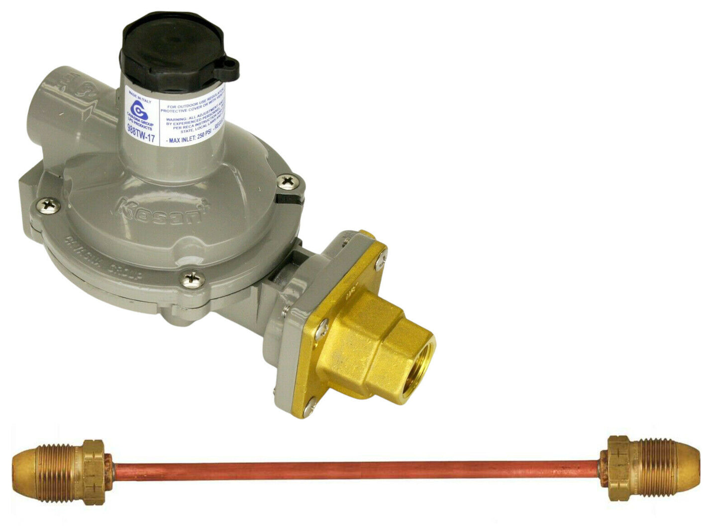988tw-17 Twin Stage Propane Regulator Copper Pigtail Tank 750k POL 1/2" NPT LPG