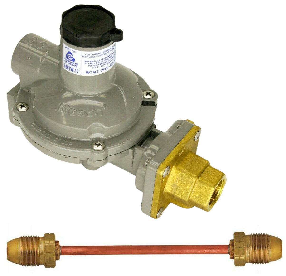 988tw-17 Twin Stage Propane Regulator Copper Pigtail Tank 750k POL 1/2" NPT LPG